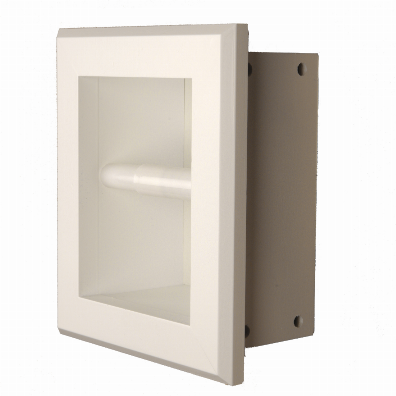 Recessed solid wood toilet paper holder with roll in a square frame