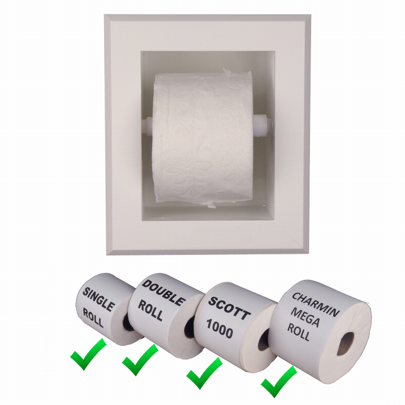 Recessed toilet paper holder with stacked rolls labeled Single, Double, Scott 1000