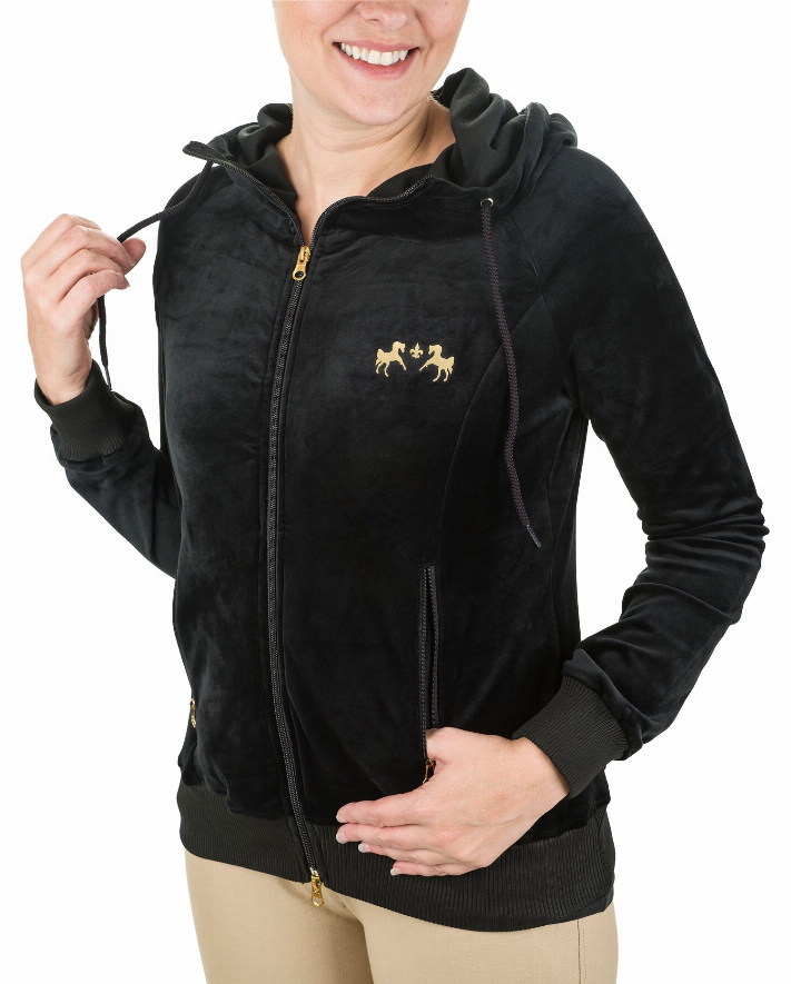 Black velvet zip-up hooded jacket with gold logo horses and drawstring ties