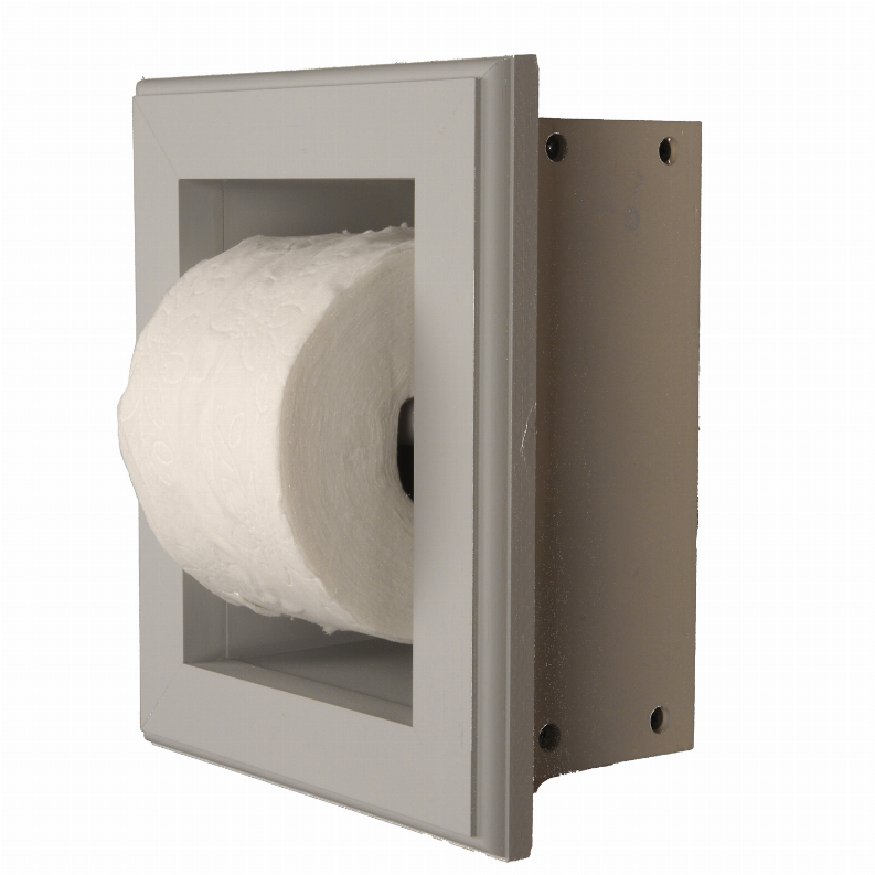 Recessed toilet paper holder with toilet roll in front opening, white frame
