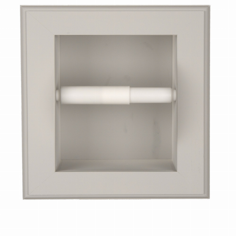 Recessed toilet paper holder with empty recess and white spindle, no roll installed