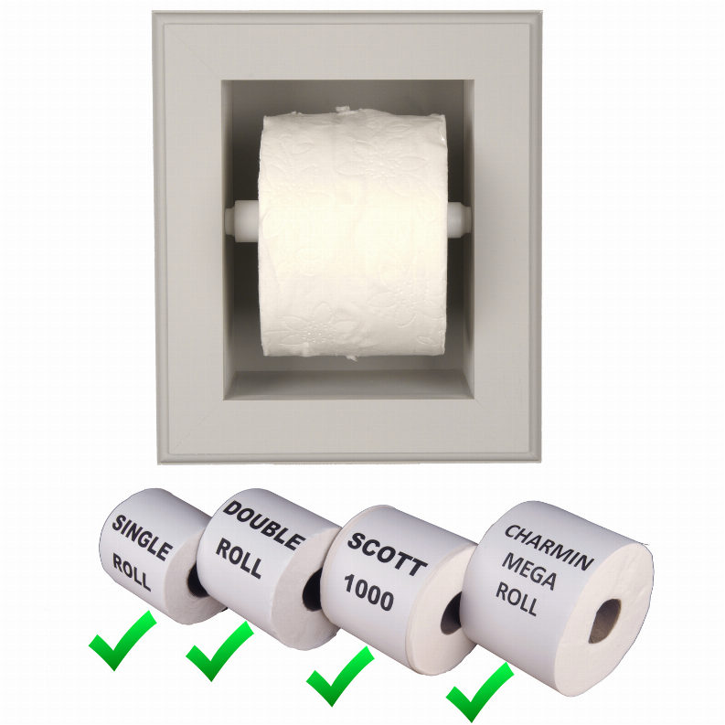 Recessed toilet paper holder with toilet roll; roll size labels with Scott 1000 text