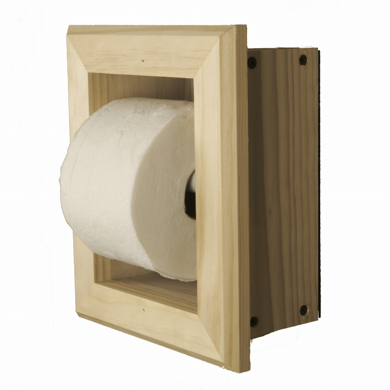 Solid wood recessed toilet paper holder holding a single white toilet paper roll