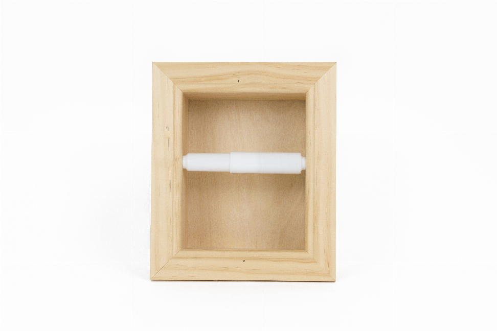 Recessed solid wood toilet paper holder with white paper roll inside, front view
