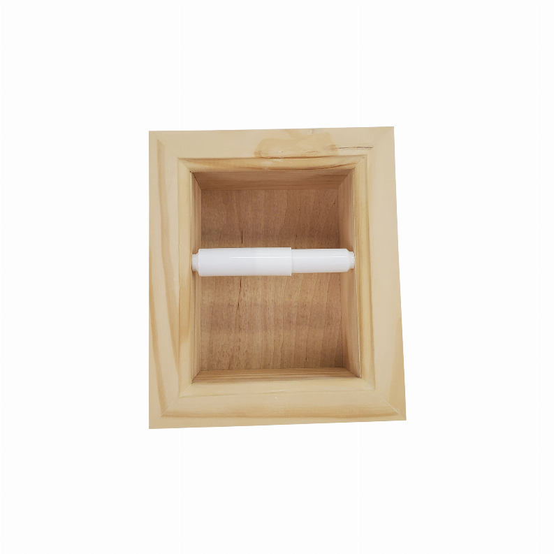 Square recessed solid wood toilet paper holder with white roll, close front view