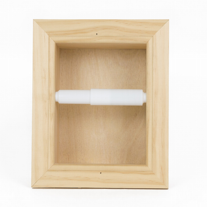 Recessed solid wood toilet paper holder with front view of white roll