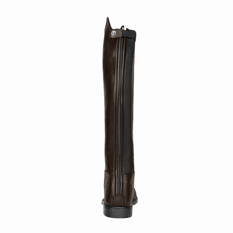 Men's tall field boot in dark brown leather with side zipper and pull strap