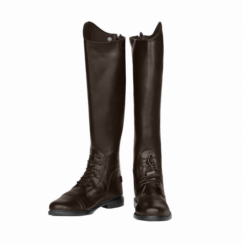 Pair of tall field boots in dark brown with lace-up fronts and padded tops