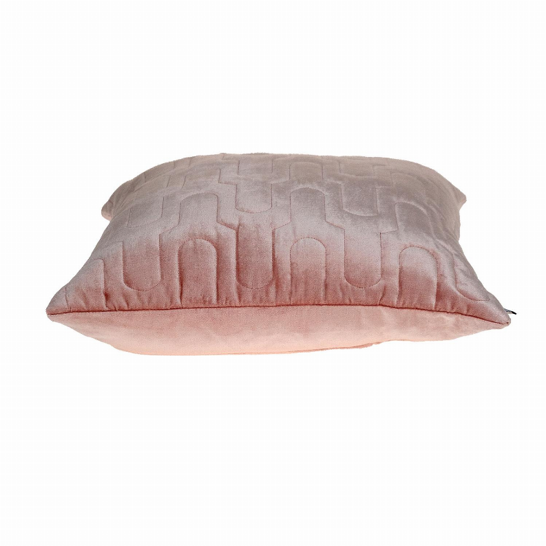 Pink transitional quilted throw pillow with arched stitched pattern, rounded edges