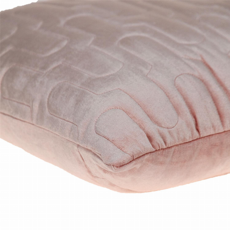 Pink quilted throw pillow with stitched arched pattern and textured fabric