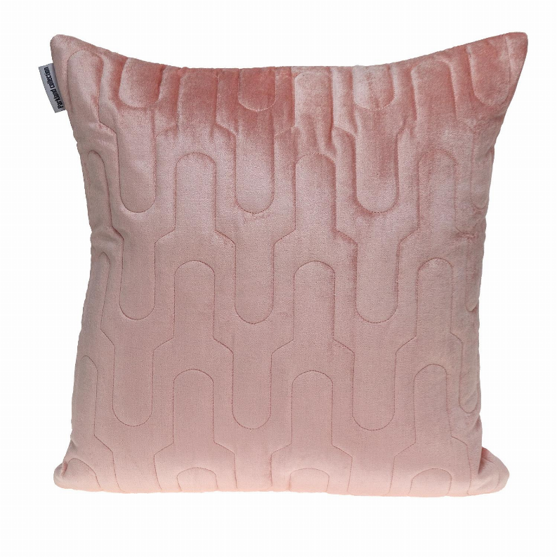 Pink quilted square throw pillow with repeating arched stitch pattern and label