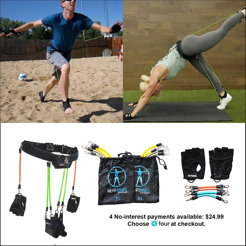 Full-body base system with resistance bands, storage bag, and leg sleeve accessories