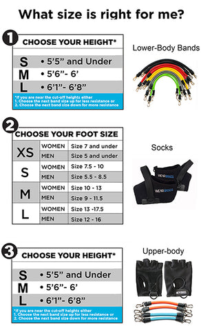 Sizing chart for lower-body bands, sock sizing, and upper-body levels