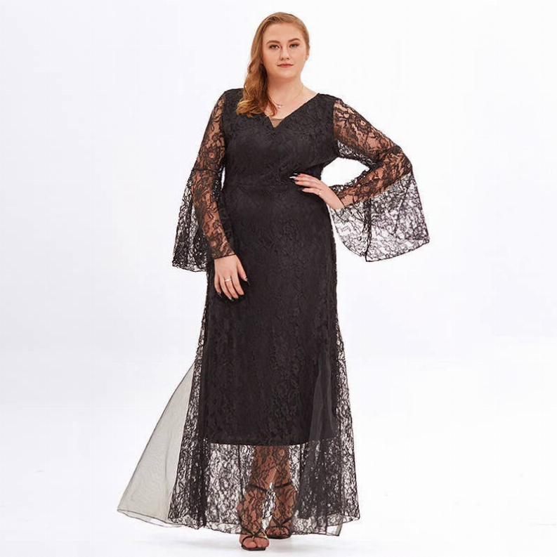 Black lace maxi dress, V-neck with sheer flared sleeves and fitted bodice