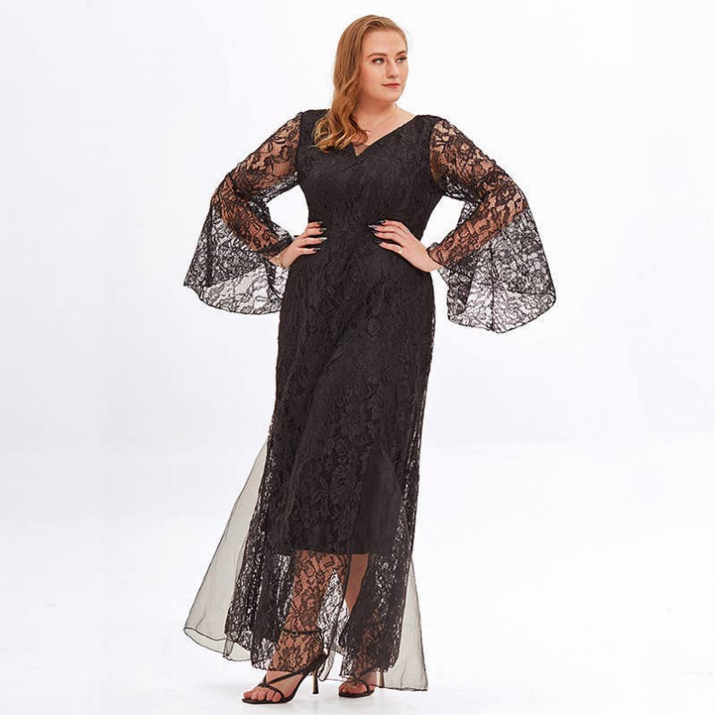 Black lace maxi dress with V-neck, long sheer bell sleeves and flowing maxi skirt