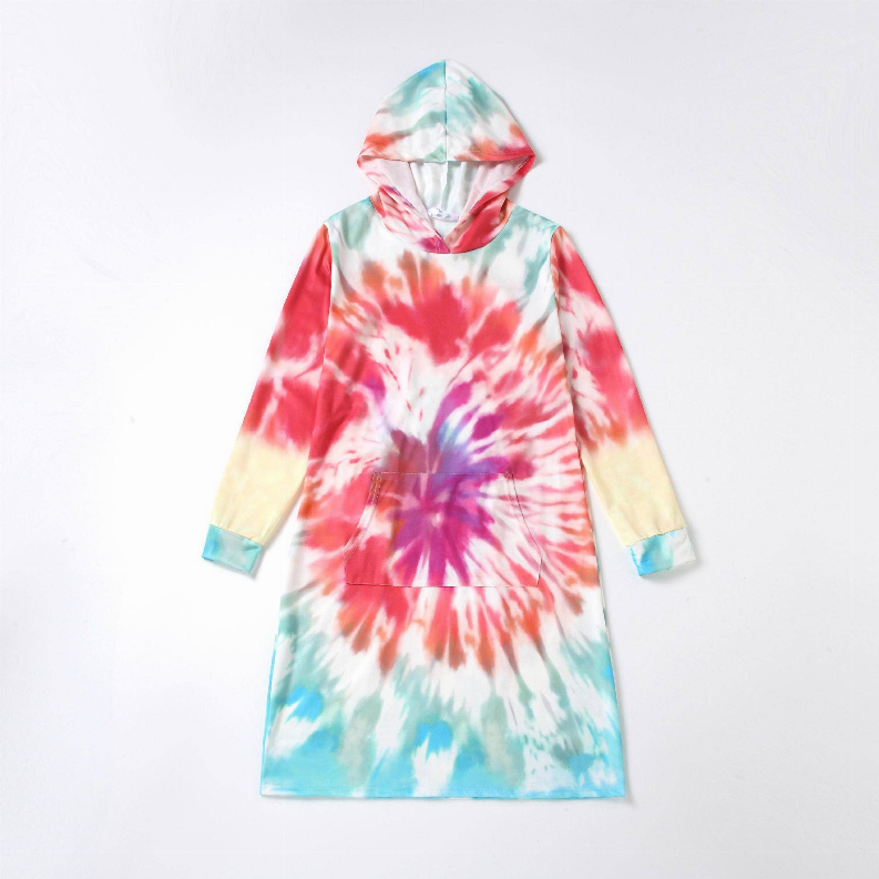 Hooded tie-dye dress, long sleeves, colorful spiral print with front pocket