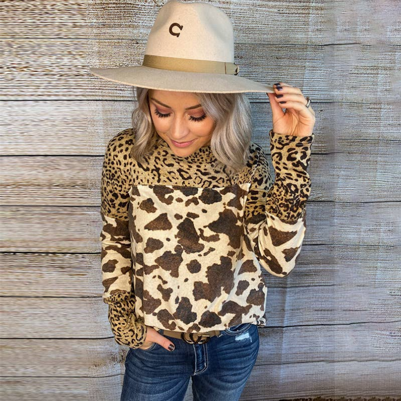 Women's animal print long-sleeve pullover, leopard sleeves and cow-style front panel