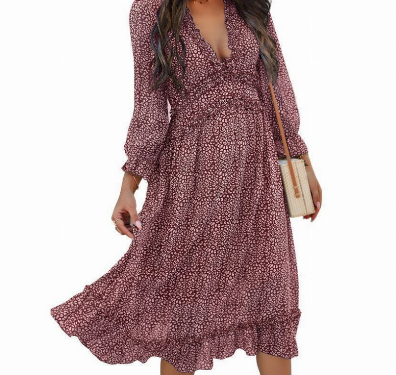 Burgundy patterned long-sleeve V-neck tiered midi dress with gathered waist