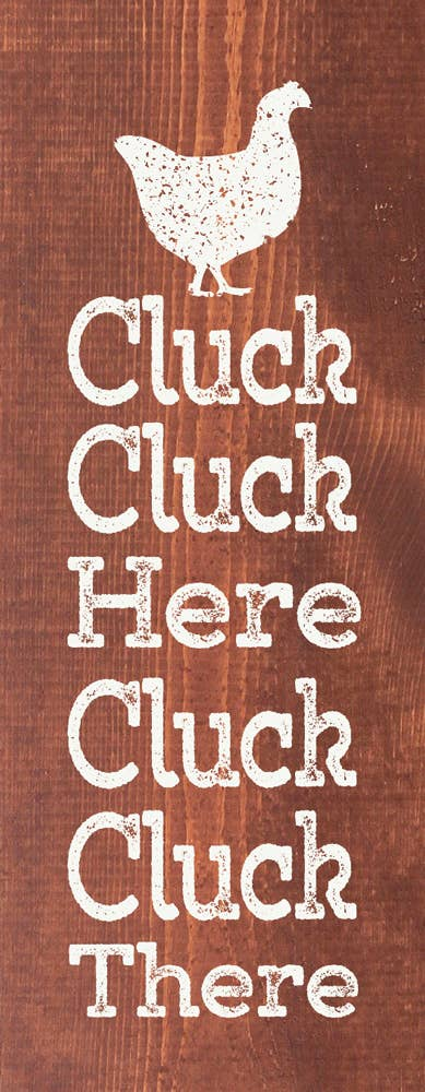 White chicken silhouette with Cluck text on brown wall art print
