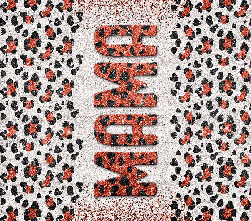 Stainless steel tumbler with red and black leopard print glitter finish