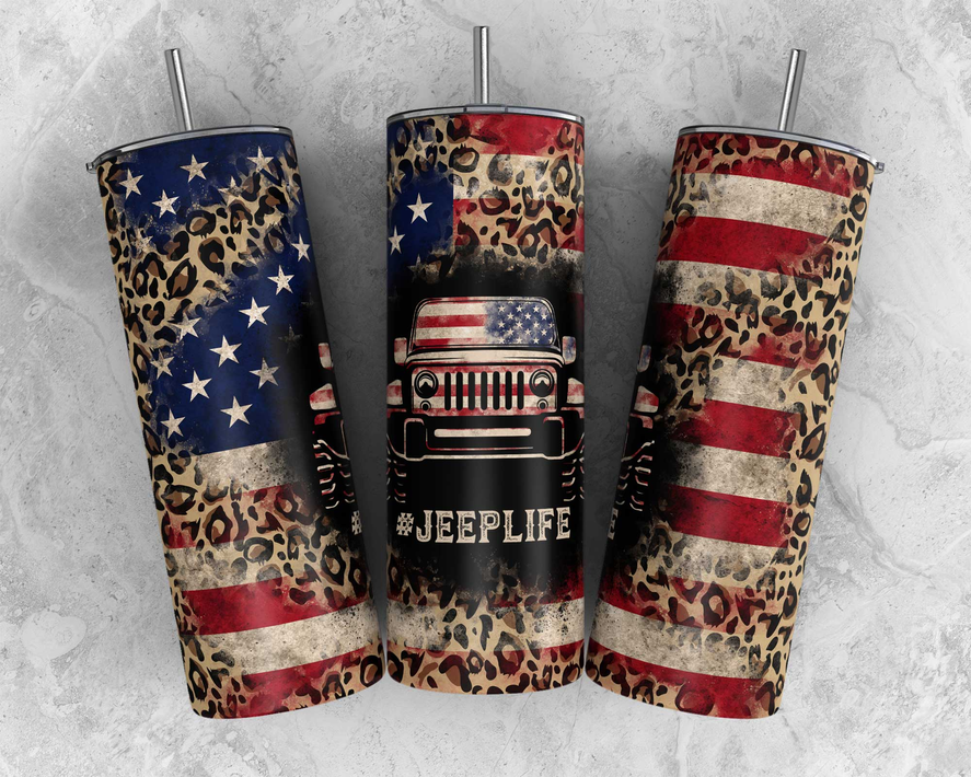 Stainless steel tumbler set with leopard-print American flag wrap and clear straw lids