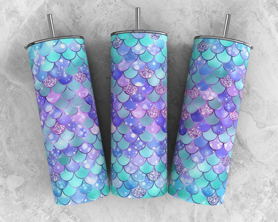 Stainless steel tumbler with mermaid scale pattern and straw lid