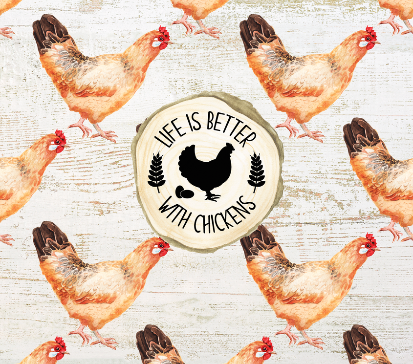 Stainless steel tumbler lid with black chicken logo and “Life is better with chickens”