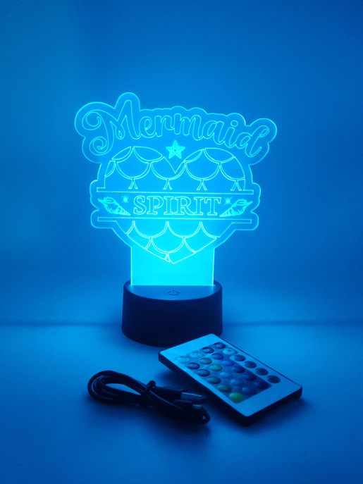Color-changing Mermaid Spirit LED table lamp with cyan neon Mermaid sign and remote