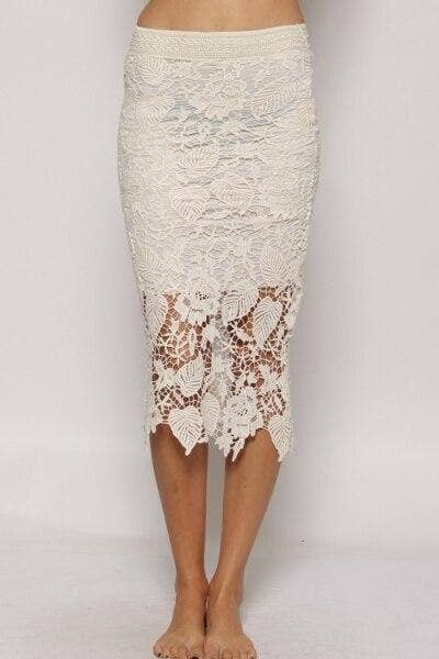 Off-white lace midi pencil skirt, dense lace pattern with scalloped lace hem.