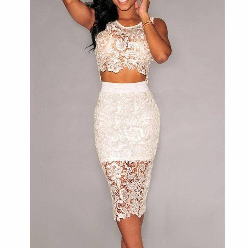 Off-white lace midi pencil skirt with floral lace overlay and scalloped hem.
