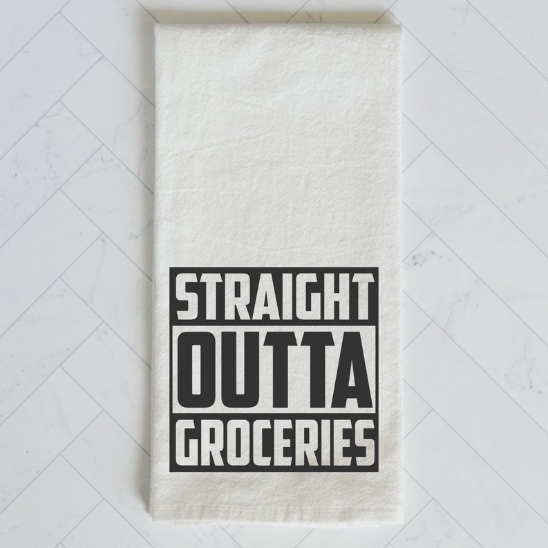 Kitchen towel, off-white with bold 'STRAIGHT OUTTA GROCERIES' text print.