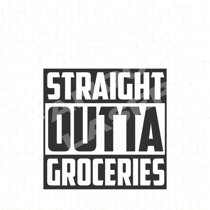 Kitchen towel graphic: black box with 'STRAIGHT OUTTA GROCERIES' lettering.