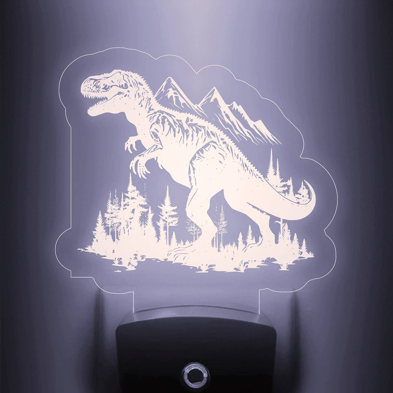 Dinosaur nightlight with glowing T-rex on cloud panel, black base and ring button; cool blue light
