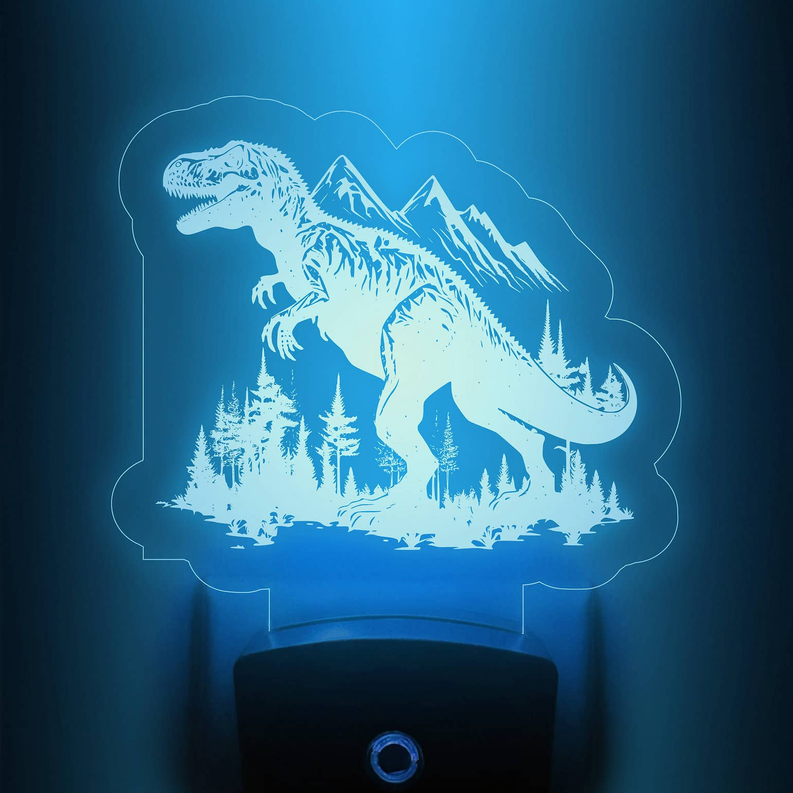 Dinosaur nightlight with glowing T-rex on cloud panel, black base and ring button; medium blue light