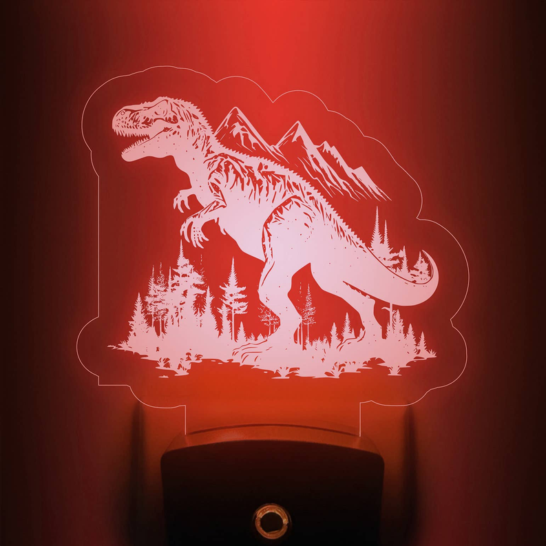 Dinosaur nightlight with glowing T-rex on cloud panel, black base and ring button; red light