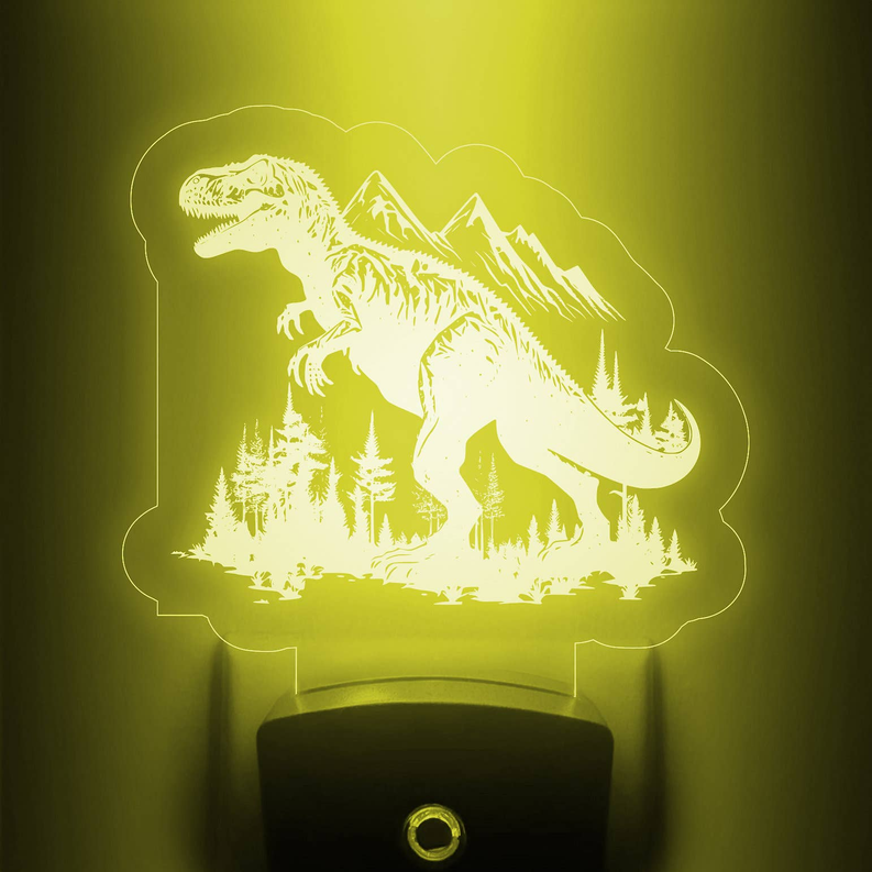 Dinosaur nightlight with glowing T-rex on cloud panel, black base and ring button; lime green light