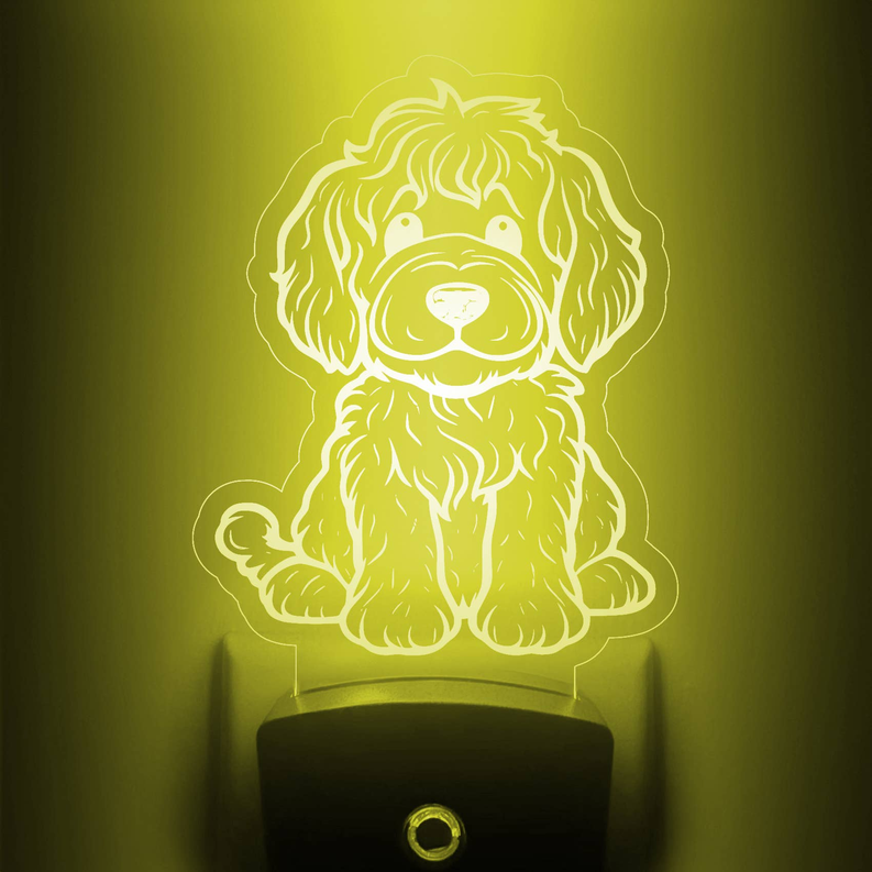 LED Labradoodle night light with clear puppy stand, yellow LED glow