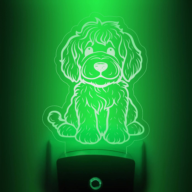 LED Labradoodle night light with clear puppy stand, green LED glow
