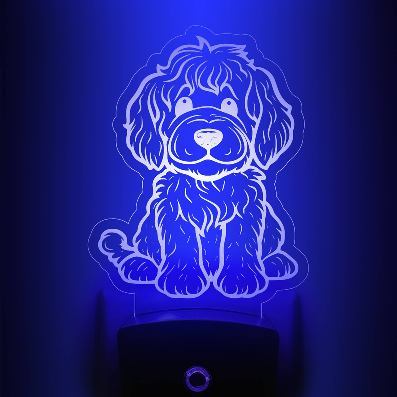 LED Labradoodle night light with clear puppy stand, blue LED glow