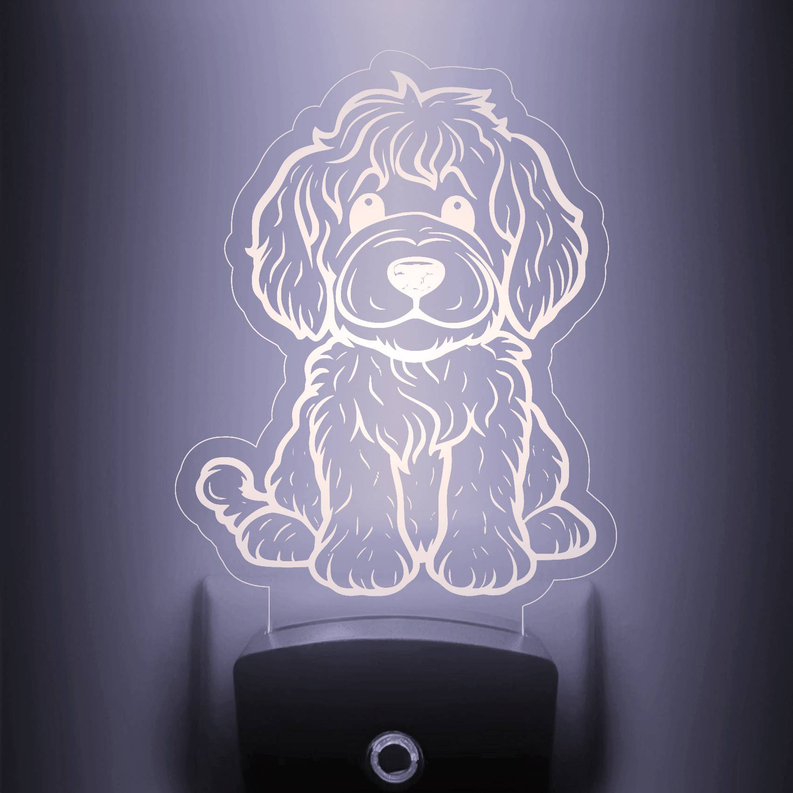 LED Labradoodle night light with clear puppy stand, warm white glow