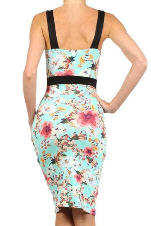 Floral bodycon midi dress with scoop neck, turquoise with pink-red flowers, black strap trim