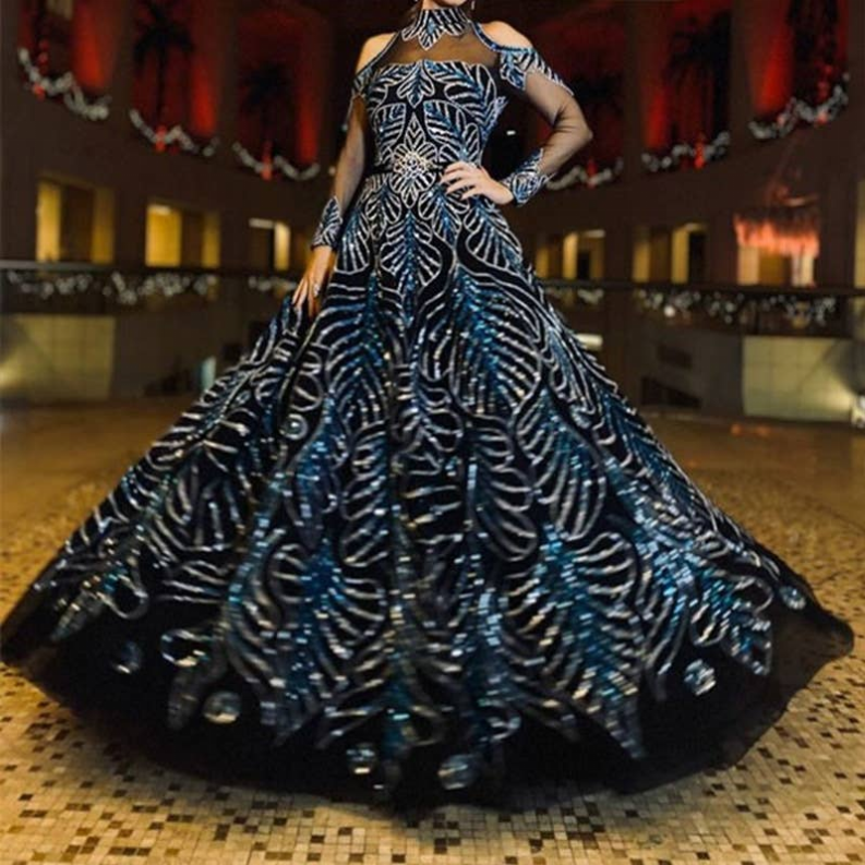 Embellished halter party dress, dark navy with blue patterns, full flared skirt