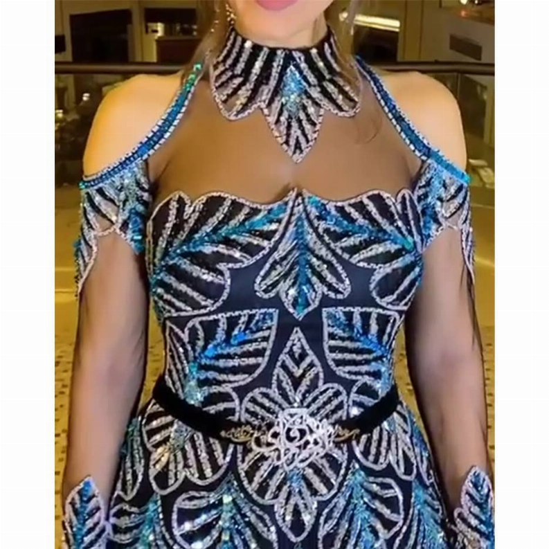 Embellished halter bodice with high collar, dark navy and bright blue leaf patterns