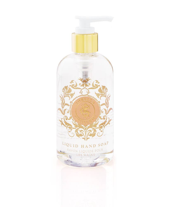 Sorella 8oz liquid hand soap bottle with gold decorative label and white pump