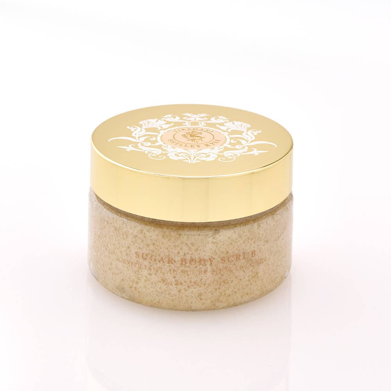 Tiramani sugar body scrub jar with beige sugar granules, round cream-colored lid