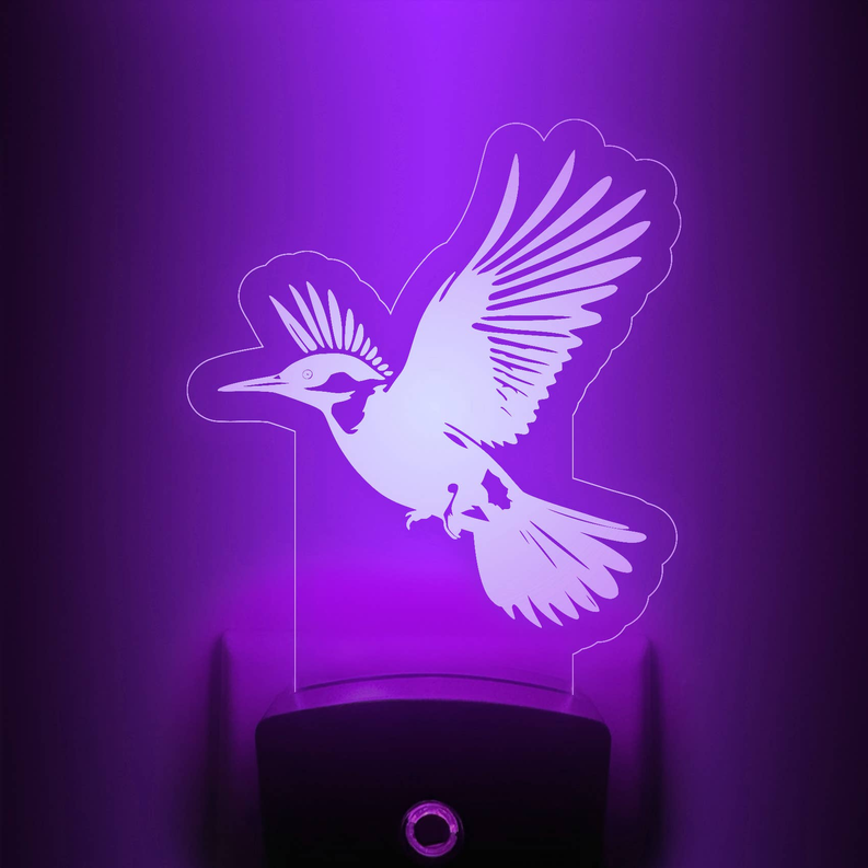 Hummingbird nightlight with purple glowing bird silhouette on clear acrylic stand