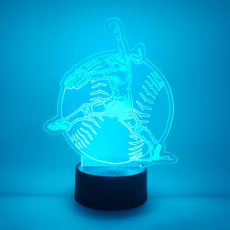 Softball pitcher LED lamp with glowing blue outline on a black cylindrical base