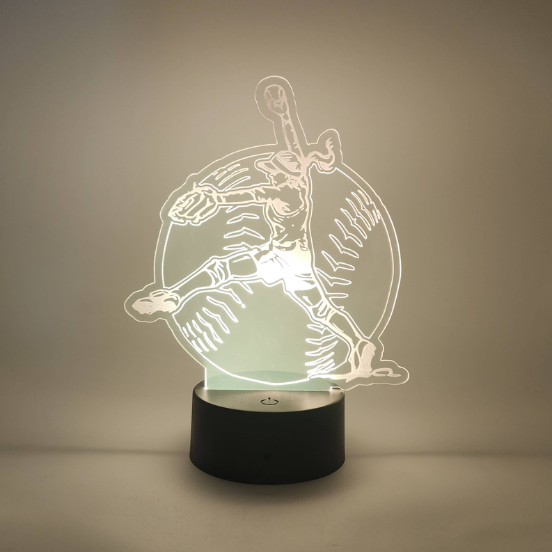Softball pitcher LED lamp with glowing white outline on a black cylindrical base