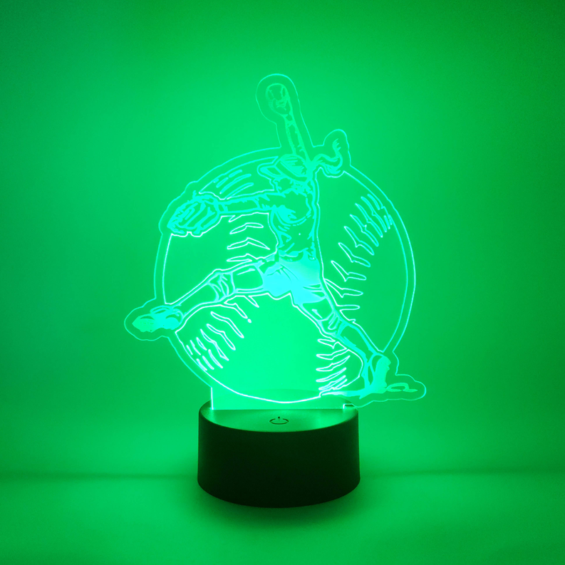 Softball pitcher LED lamp with glowing green outline on a black cylindrical base