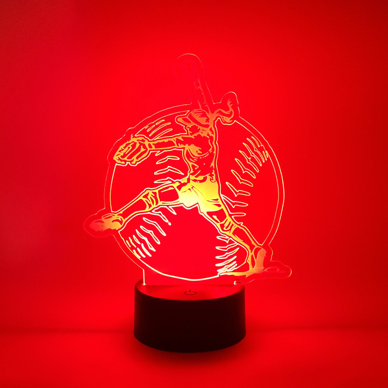 Softball pitcher LED lamp with glowing red outline on a black cylindrical base
